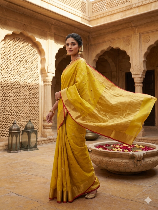 Radiant Mustard Silk Saree with Zari Butta & Contrast Border