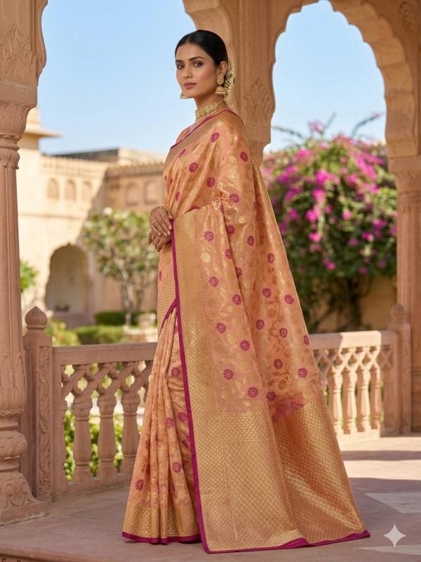 ​Exquisite Peach & Magenta Handloom Chanderi Saree