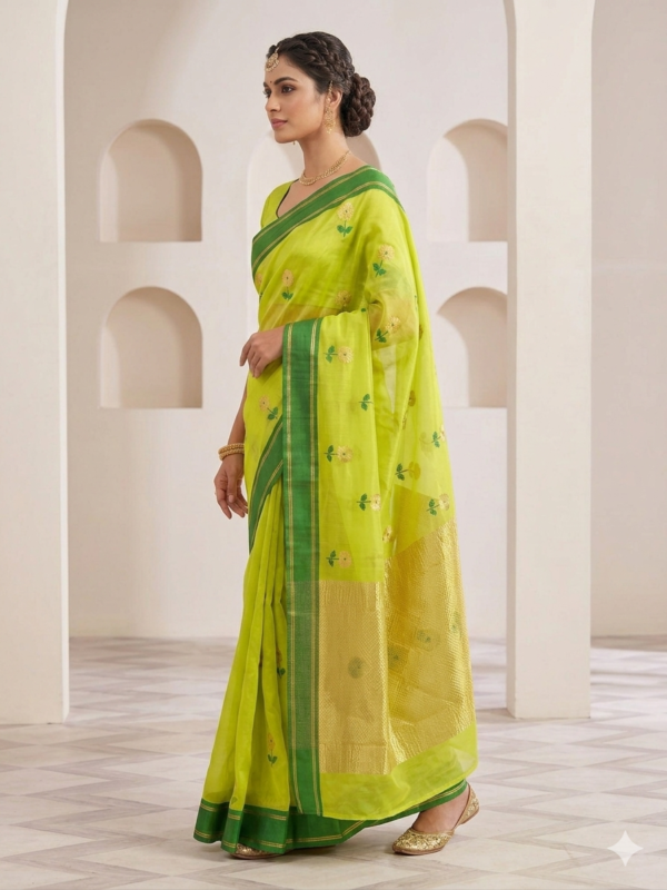 Neon Lime Yellow Chanderi Katan Silk Saree