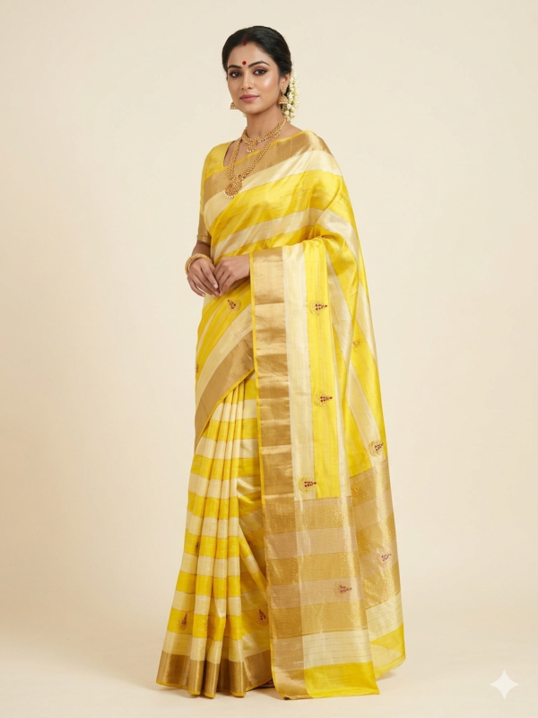 Chanderi Ek Nal Booti Mustard Saree with Checkered Pallu