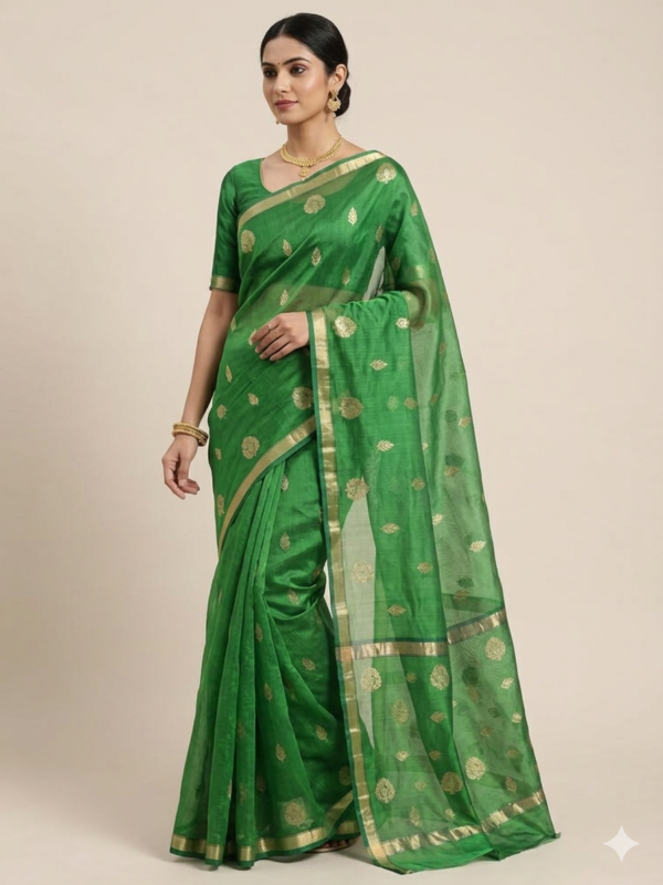Lush Emerald Green Katan Silk Chanderi Saree