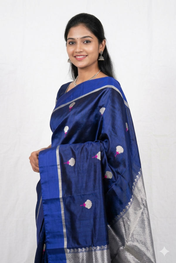 Royal Indigo Blue Handloom Chanderi Silk Saree with Silver Zari Pallu