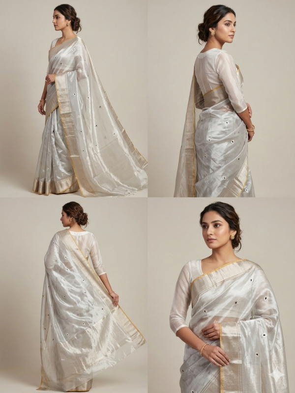 Luminous Silver-Ivory Handwoven Ek Naal Buti Chanderi Pattu Silk Saree