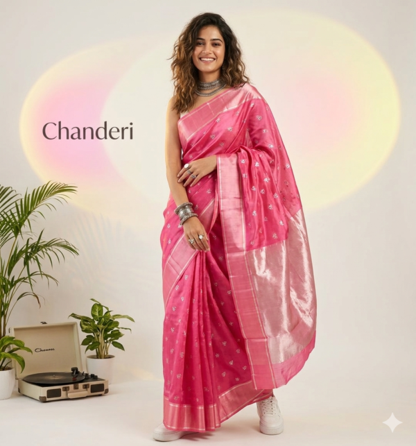 Hot Pink Chanderi Silk Saree with Mashru Silk Border