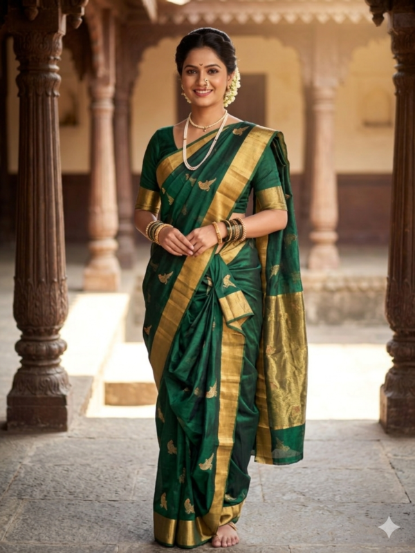 The Emerald Flight – Pure Handloom Chanderi Pattu Silk Saree