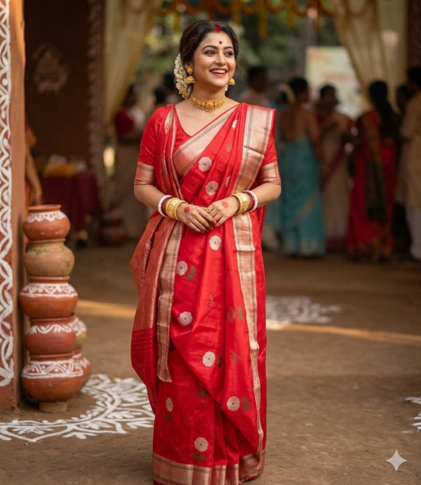 Royal Crimson Red Pattu Silk Chanderi Saree with Handwoven Silver Floral Butis