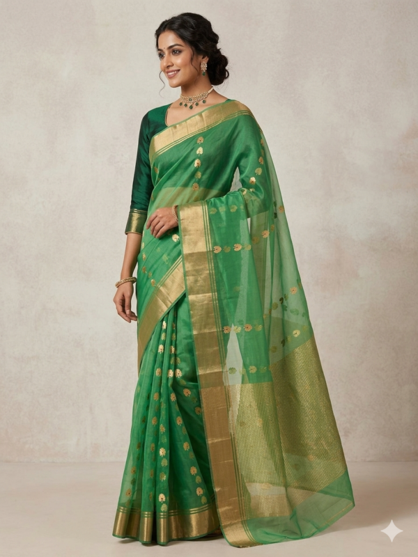 Radiant Emerald Green Chanderi Katan Silk Saree with Handwoven Zari Buttas