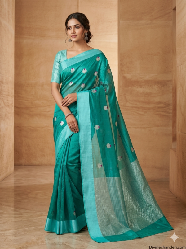 Royal Sea Green Chanderi Pattu Silk Saree with Resham Border